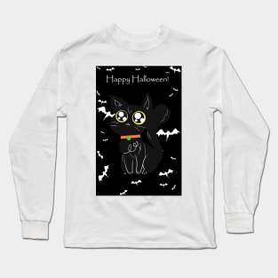 Happy Halloween - Black Big Eyed Cat Long Sleeve T-Shirt